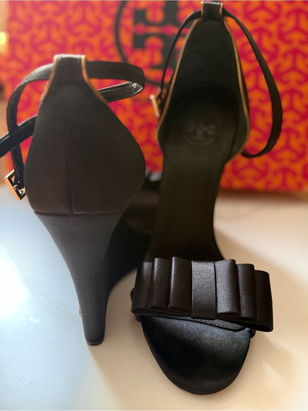 Tory Burch Black Satin Ankle-Strap Heels with Bow Accent